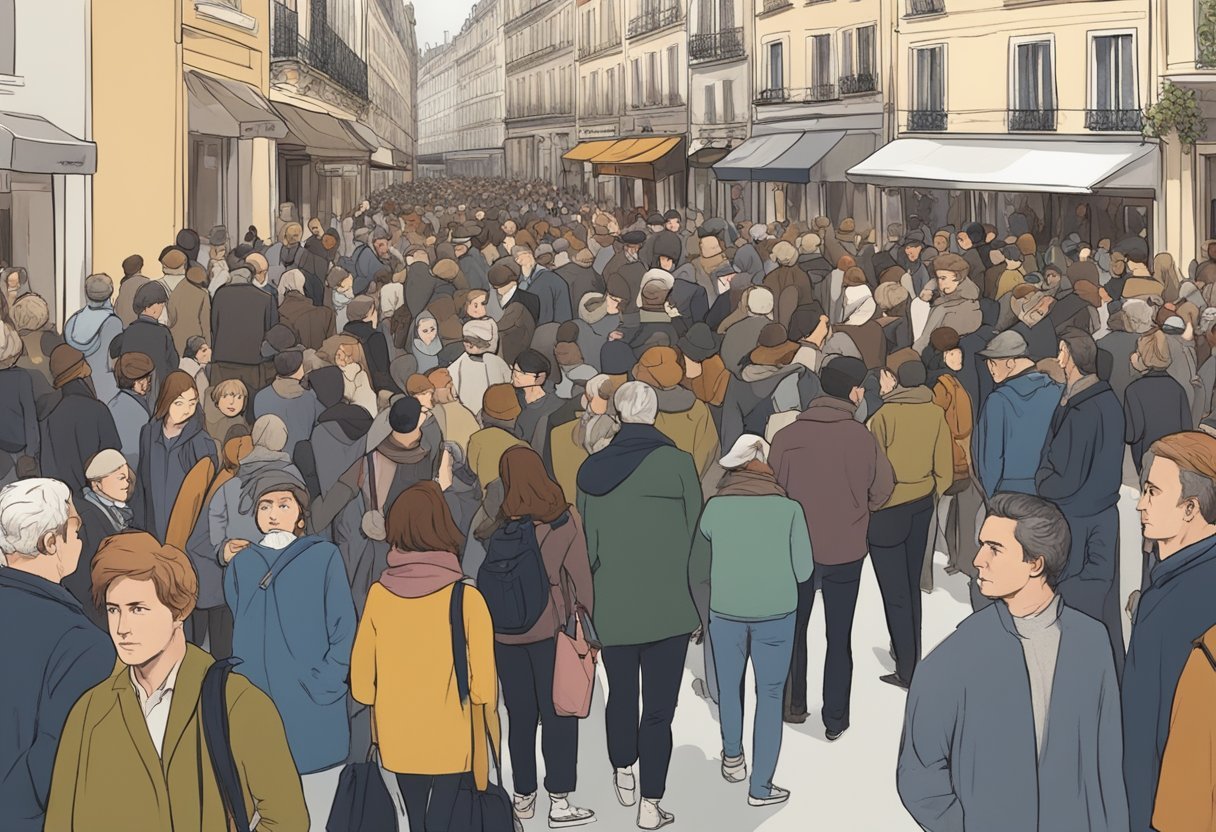 Une rue bondée en France, avec des gens qui se retournent et une langue corporelle tendue.