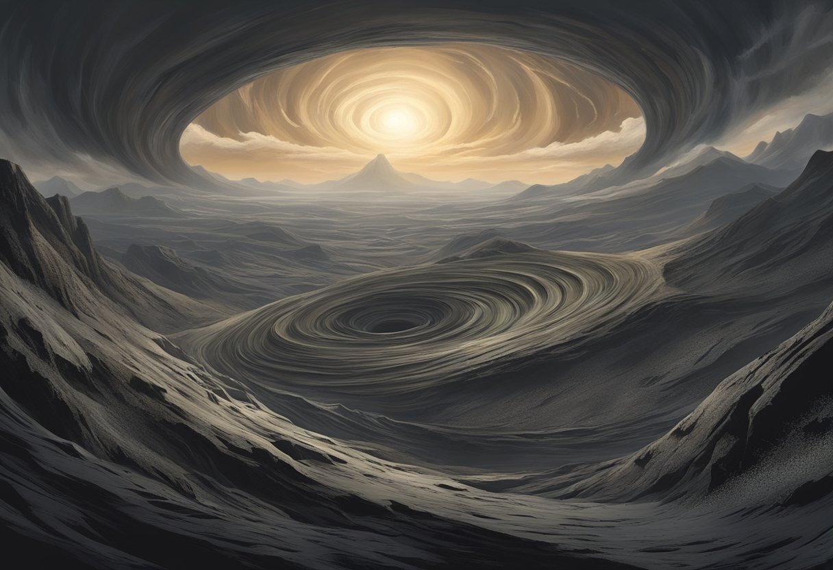 Un vortex sombre et tourbillonnant de chaos et d'agression, entouré d'un paysage austère et désolé.