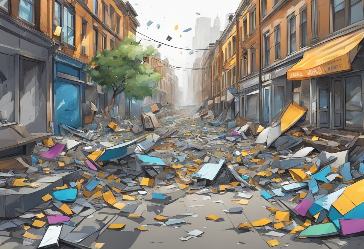 Une rue de ville chaotique avec des fenêtres brisées, des graffitis et des débris éparpillés, illustrant le thème de la compréhension et de la prévention de la violence insensée.