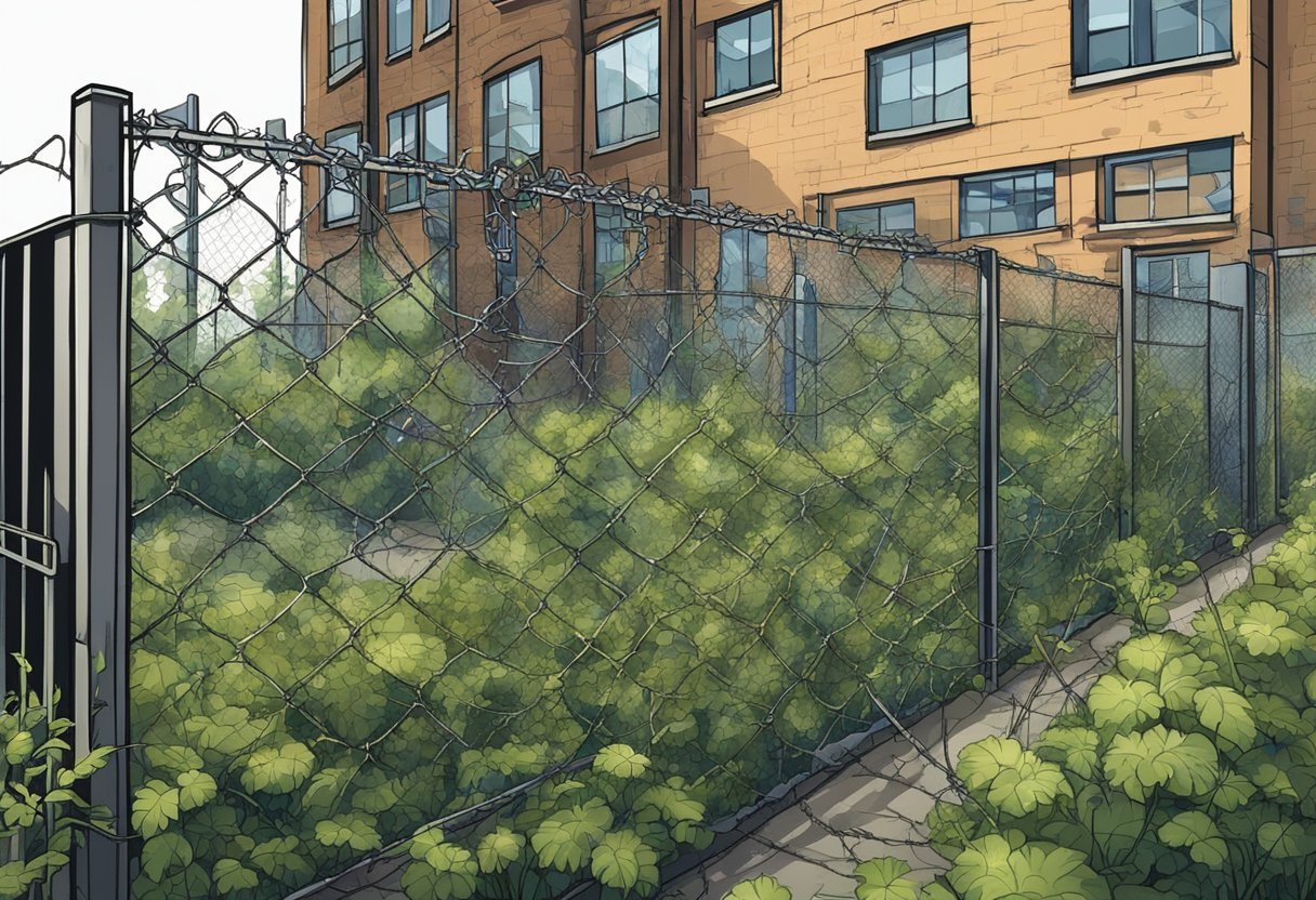 Un quartier urbain délabré avec des fenêtres brisées, des graffitis et des mauvaises herbes envahissantes, entouré d'une clôture en grillage avec des barbelés.