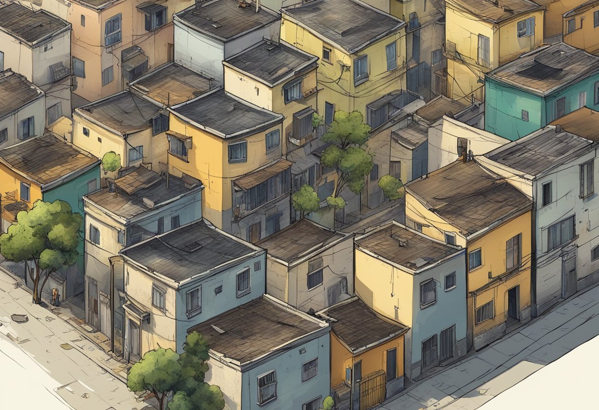 Un quartier délabré avec des bâtiments en ruine et des rues vides, symbolisant le lien entre la pauvreté et l'insécurité.