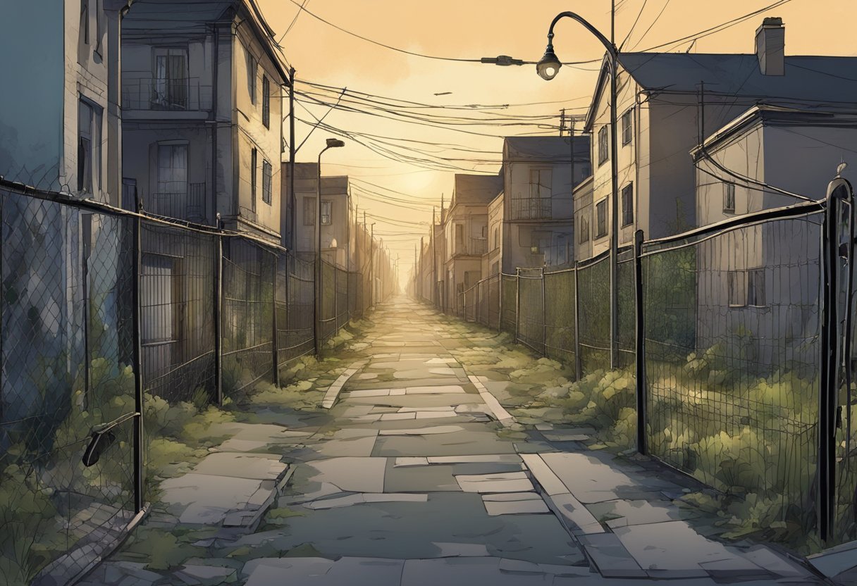 Un quartier délabré avec des bâtiments en ruine et des lampadaires cassés, entouré de hautes clôtures et de caméras de sécurité.